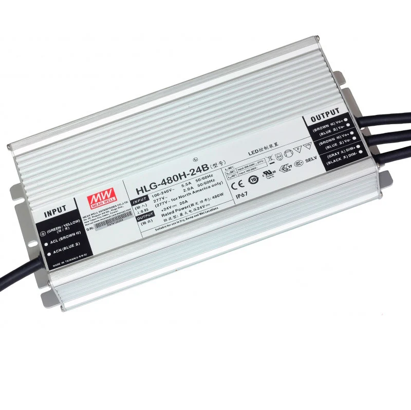 480W 24V, himmennettävä HLG-480H-24B LED-muuntaja, Mean Well - Image 2